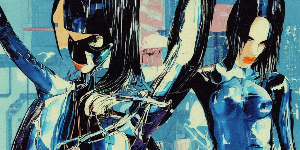 Image similar to a close - up grainy risograph painting of cyberpunk japanese model girl with black eyes and pretty face wearing latex catsuit and lots of transparent and cellophane accessories, blue hour, twilight, by moebius and lehr paul