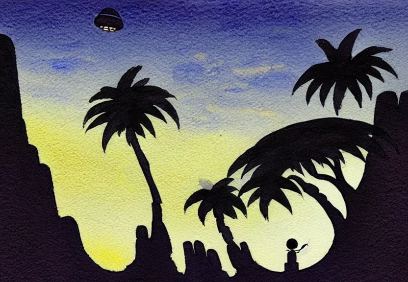 Prompt: a simple watercolor fantasy concept art of a dark grey boxy ufo next to a palm tree at night in monument valley. by studio ghibli, rebecca guay, michael kaluta, charles vess