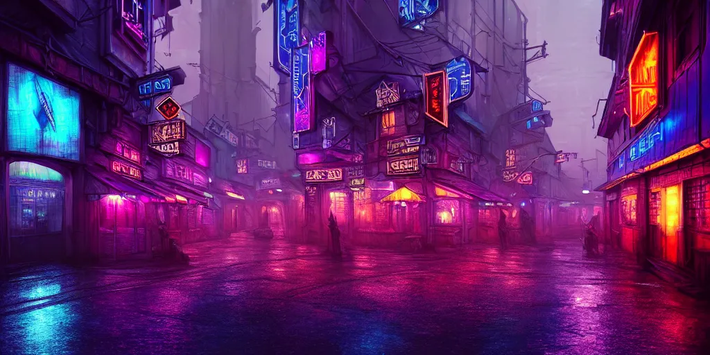 Image similar to fantasy medieval cyberpunk townscape, rain, neon signs, cinematic establishing shot, purple teal blue white pink orange color scheme, sharp focus, very realistic, photorealistic, intricately detailed, finely textured, cgsociety