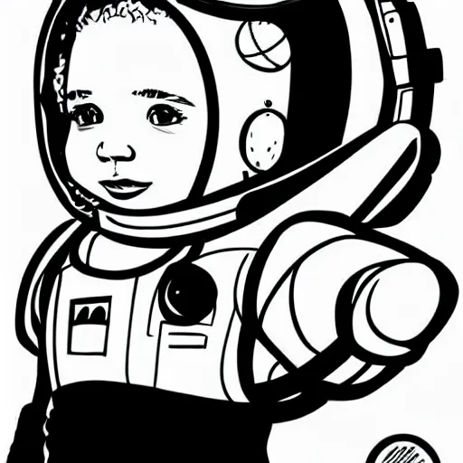 Prompt: clean simple line art of a little girl with short wavy curly hair floating in space. she is an astronaut, wearing a space suit. white background. well composed, clean black and white line drawing, beautiful detailed face. comic book art by charlie adlard