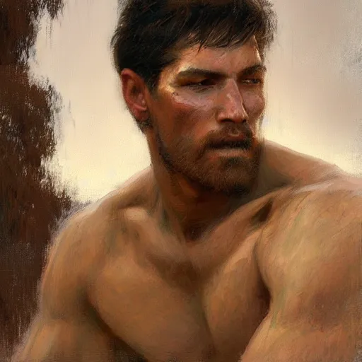 Image similar to man by the river, muscular, detailed face, correct face, painting by Gaston Bussiere, Craig Mullins