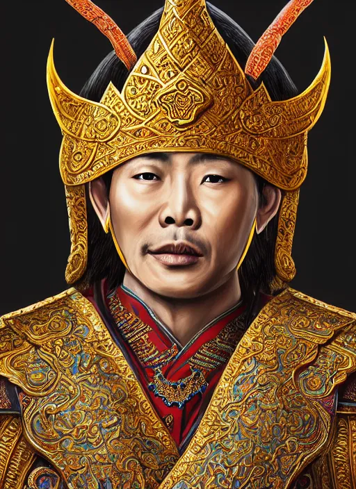 Image similar to king ramkhaheang of sukhothai, close portrait, historical, ethnic group, traditional tai costume, sukhothai headset, leather shoulder armor, fantasy, intricate, with leather armor cross onbare chest, elegant, loin cloth, highly detailed, oill painting, artstation, concept art, matte, sharp focus, illustration, hearthstone, art by earl norem