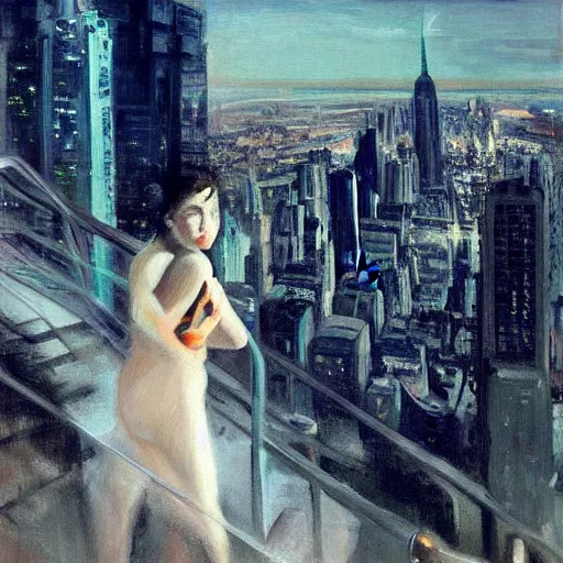 Prompt: “ a girl!!!!!! looking down at a futuristic new york city below, ghostpunk, very detailed, high quality, oil painting, by george bellows ”