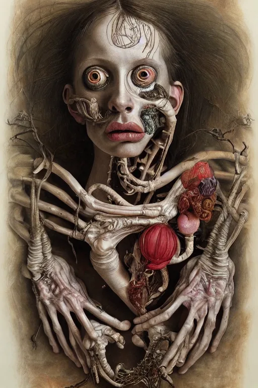 Image similar to Detailed maximalist portrait of a greek god with large lips and eyes, scared expression, botanical anatomy, skeletal with extra fleshy limbs, HD mixed media, 3D collage, highly detailed and intricate, surreal illustration in the style of Jenny Saville, dark art, baroque, centred in image