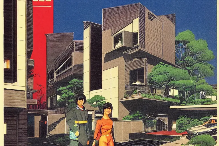 Prompt: 1 9 7 9 omni magazine cover of gated community in japan. large modern houses. cyberpunk style by vincent di fate