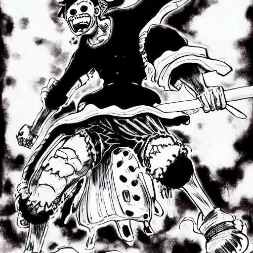Prompt: One Piece, 1997 , artwork by kentaro miura, Kentaro Miura style, Berserk Style, High details, centered full body pose, zenith angle, dramatic lighting, concept, manga, black and white ink style, a lot of details with ink shadows