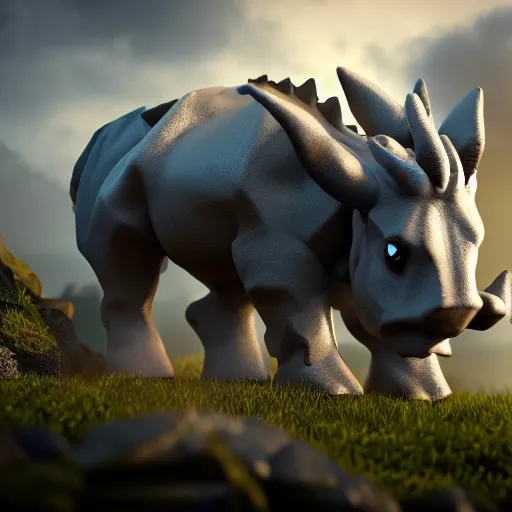 Image similar to photography of a realistic rhyhorn animal, ultra detailed, 8 k, cinematic lighting, natural background, trending on artstation, pokemon