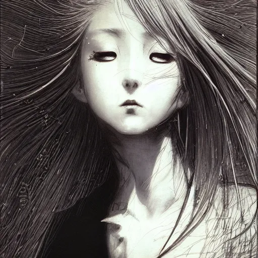 Image similar to Yoshitaka Amano realistic illustration of an anime girl with wavy white hair and cracks on her face wearing dress suit with tie fluttering in the wind, abstract black and white patterns on the background, noisy film grain effect, highly detailed, Renaissance oil painting, weird portrait angle