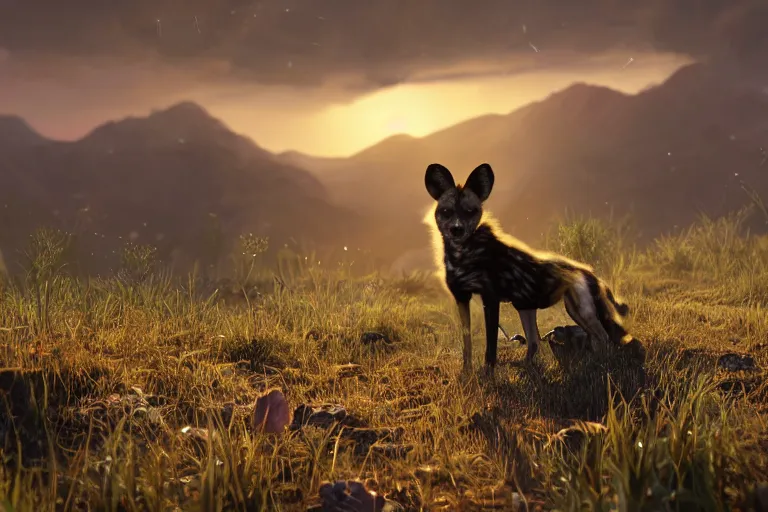 Prompt: an african wild dog half sitting up on the african plains, friendly, long grass, sparkling water, glistening, hyper realistic, hyper detailed, digital art, trending in artstation, cinematic lighting, studio quality, smooth render, unreal engine 5 rendered, octane rendered, by paul lehr