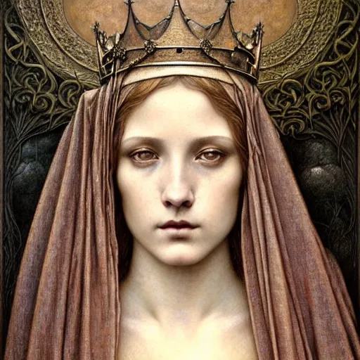 Prompt: detailed realistic beautiful young medieval queen face portrait by jean delville, tom bagshaw, brooke shaden, gustave dore and marco mazzoni, art nouveau, symbolist, visionary, gothic, pre - raphaelite, ornate gilded medieval icon, surreality, ethereal, unearthly, haunting, celestial, neo - gothic, ghostly, memento mori, eerie