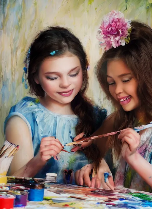 Prompt: a beautiful detailed photo of two girls painting each other, realistic, f 8, 4 k hd wallpaper