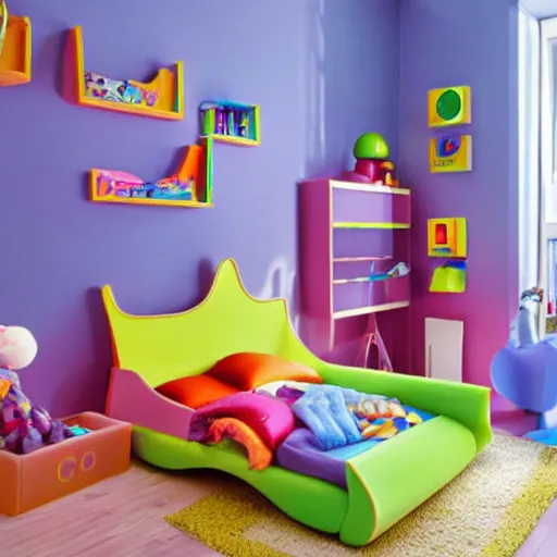 Prompt: colorful children ’ s bedroom with toys