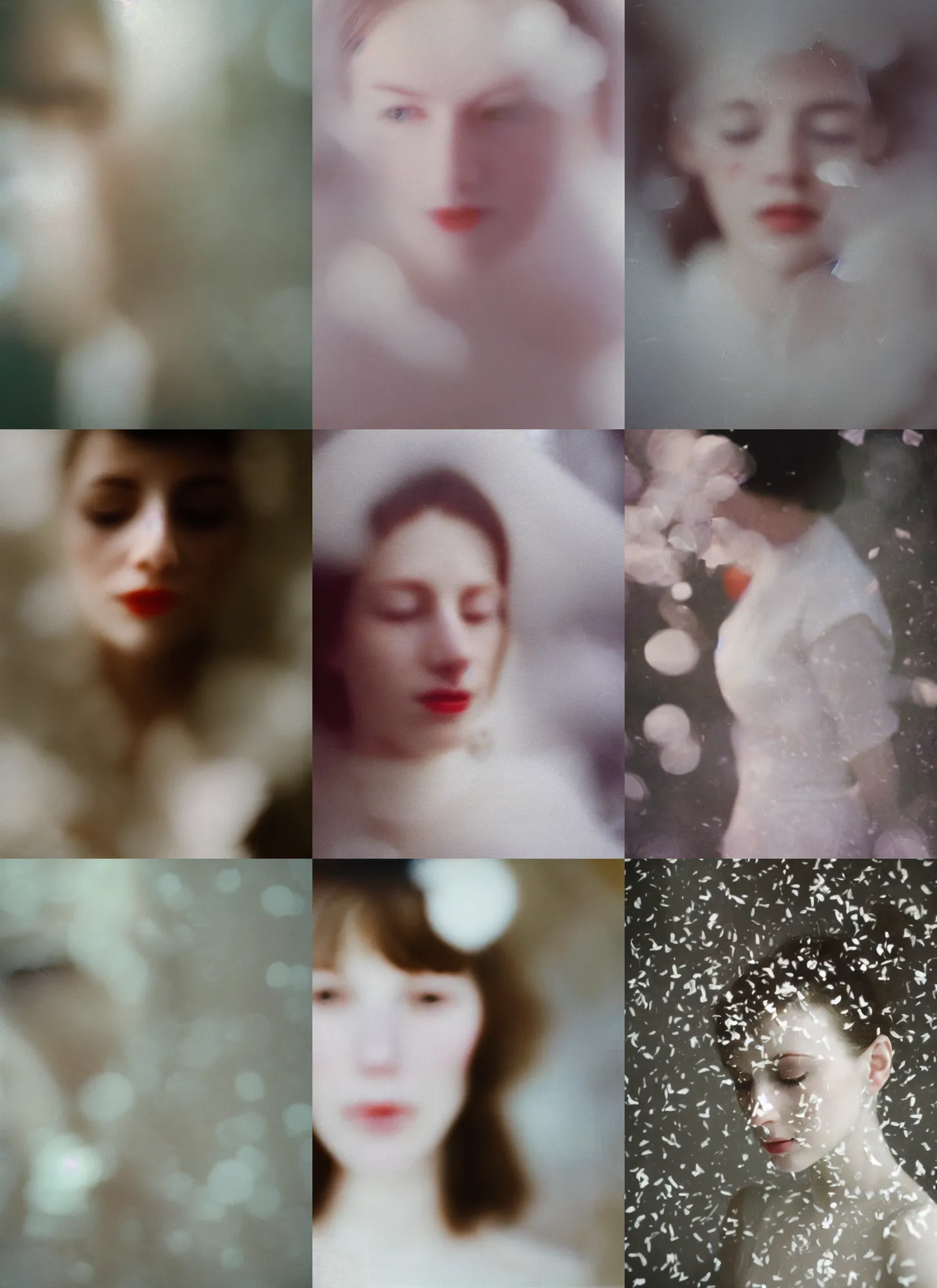 Prompt: out of focus white confetti, out of focus photorealistic portrait of a beautiful aesthetic pale woman by saul leiter, very blurry, translucent white skin, closed eyes, foggy