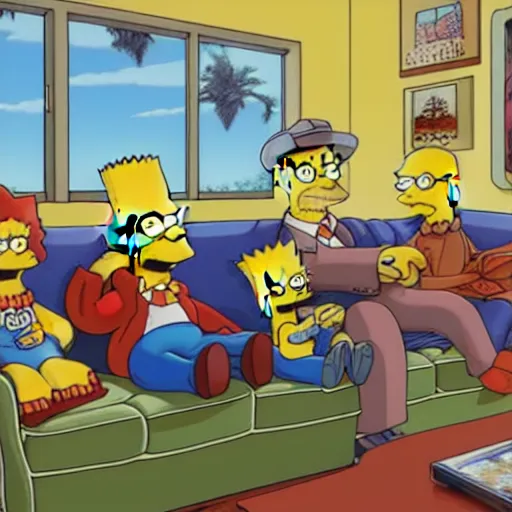 Image similar to Simpsons family sitting on the couch watching TV , Stanley artgerm lau, dynamic lighting, stunning visuals, creative, trending on art station -150