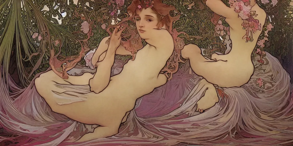 Prompt: alphonse mucha masterpiece, hyperrealistic surrealism, award winning masterpiece with incredible details, epic stunning, infinity pool, a surreal vaporwave liminal space, highly detailed, trending on ArtStation, calming, meditative, pink arches, flowing silk sheets, palm trees, very vaporwave, very very surreal, sharp details, dreamscape