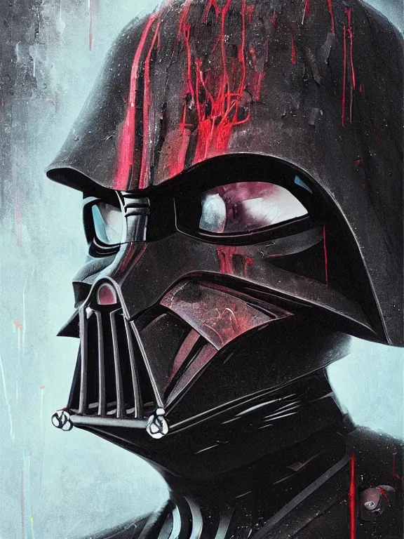 Image similar to art portrait of a darth vader, decaying ,8k,by tristan eaton,Stanley Artgermm,Tom Bagshaw,Greg Rutkowski,Carne Griffiths, Ayami Kojima, Beksinski, Giger,trending on DeviantArt,face enhance,hyper detailed,minimalist,cybernetic, android, blade runner,full of colour,