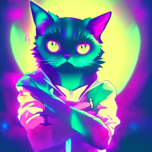 Image similar to anime cat, portrait, vaporwave, synthwave, neon, vector graphics, cinematic, volumetric lighting, f 8 aperture, cinematic eastman 5 3 8 4 film, photorealistic