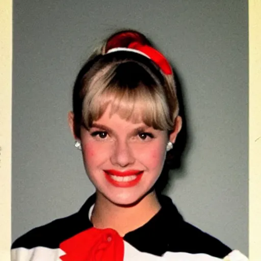 Image similar to a yearbook photo of Betty Cooper in 1966, she has a ponytail and bangs