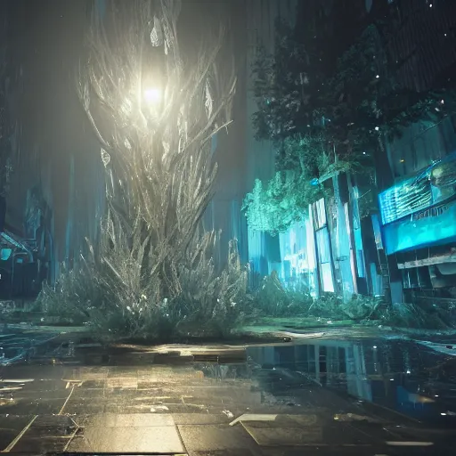 Image similar to crystal tree splash cyberpunk, extremely gloomy lighting, shining light and shadow, atmospheric, cinematic, unreal Engine, trending artstation hyperdetailed 8K