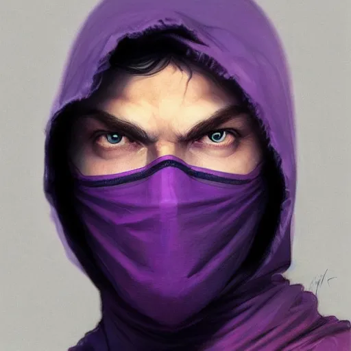 Image similar to ultra realistic illustration, man in a black hood, in a striped purple balaclava, mysterious, highly detailed, digital painting, artstation, concept art, smooth, sharp focus, illustration, art by artgerm and greg rutkowski and alphonse mucha