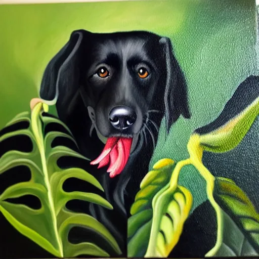 Image similar to oil painting of a black dog next to brugmansia suaveolens flowers, scary, realistic