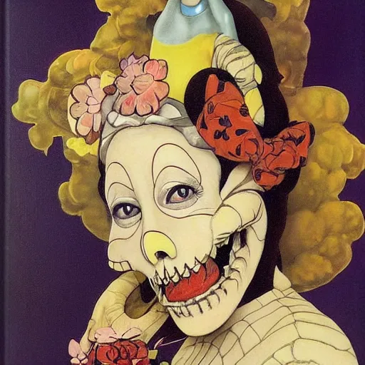 Prompt: portrait painting young woman skeleton, minnie mouse, comic book, elegant, highly detailed, painted by maxfield parrish and murakami