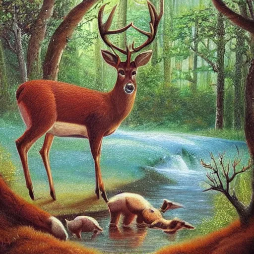 Prompt: A deer drinking water from a stream with a beautiful oak forest in the background ground,it is noon, beautiful painting