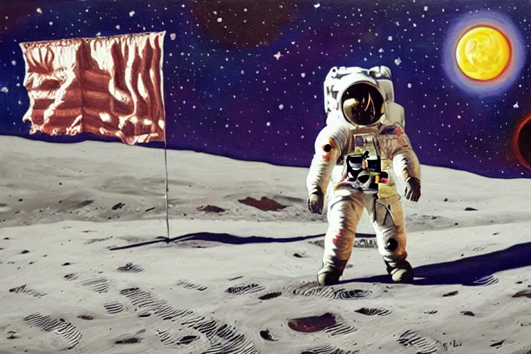 Image similar to A painting of an astronaut laying on the moon, in the style of Flooko, acrylic art, detailed,