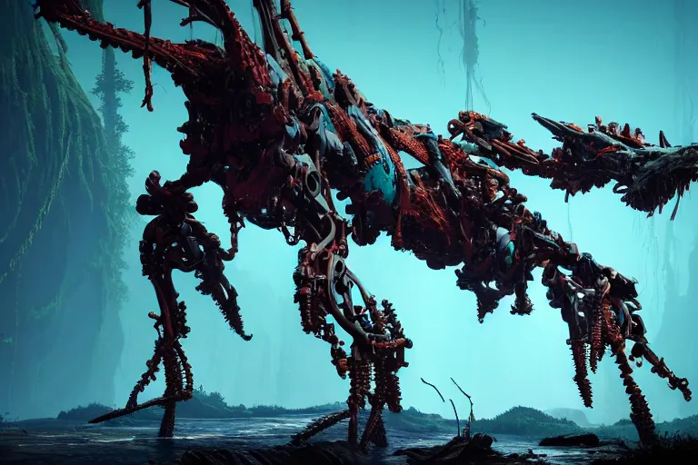 Image similar to a hyper detailed fanghorn evangelion realistic mechanical and organic creature similar look as horizon forbidden west horizon zero dawn, bioluminiscence in a dark deep forest at dawn in spring, with reflection and textures, by kilian eng, substance painter reaslitic mech surface metal painted scratches,