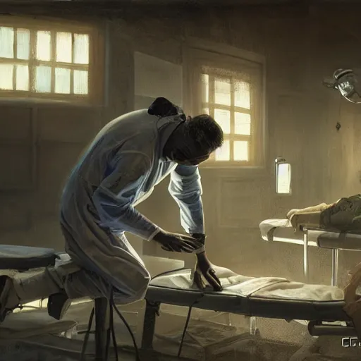 Image similar to A surgeon desperately trying to save his patient, oil painting by Cedric Peyravernay, highly detailed, cinematic concept art, dramatic lighting