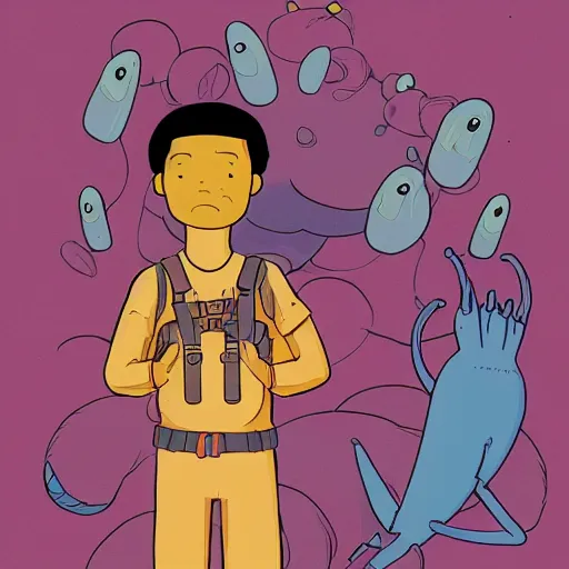 Image similar to in the style of Moebius and Ghostshrimp a young mixed race male explorer, highly detailed, adventure time colour palette