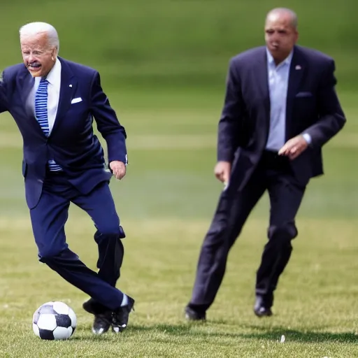 Prompt: Joe Biden playing soccer, doing a step over, breaking ankles, his opponents falling over