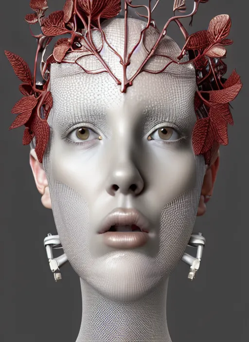 Prompt: complex 3d render ultra detailed of a beautiful porcelain profile woman face, mechanical cyborg, 150 mm, silver gold details, beautiful natural soft light, rim light, magnolia big leaves and stems, roots, fine foliage lace, mesh wire, intricate details, hyperrealistic, mandelbrot fractal, anatomical, red lips, Alexander McQueen haute couture, white metal armor, facial muscles, cable wires, microchip, elegant, octane render, H.R. Giger style, 8k