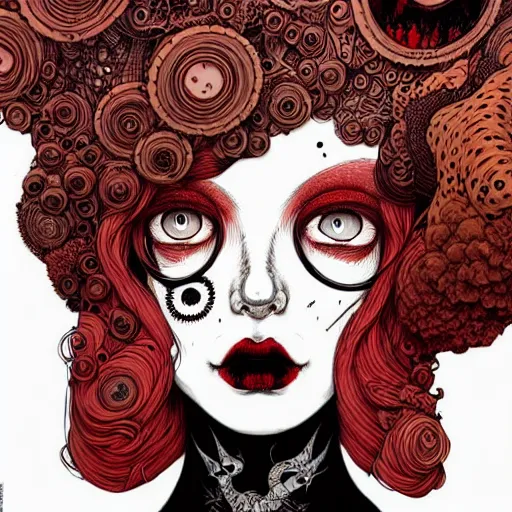 Prompt: highly detailed portrait of a biopunk lady, black take top, red hair by joe fenton and by kaethe butcher, gradient red, brown, blonde cream and white color scheme, grunge aesthetic!!! ( ( graffiti tag wall background ) )