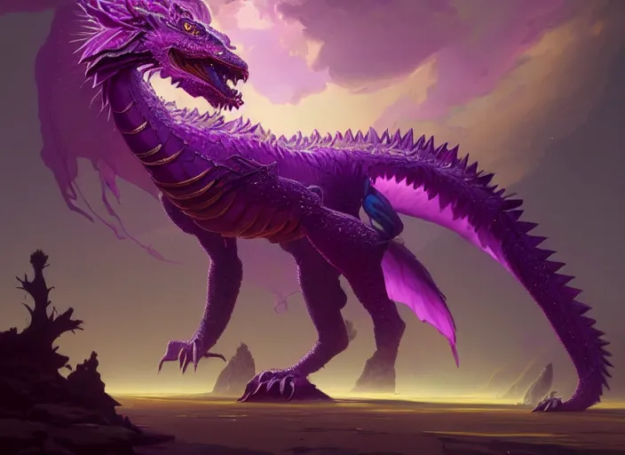 Prompt: A psychedelic gemhoof ancient amethyst dragon , vibrant color scheme, highly detailed, in the style of romanticism, cinematic, artstation, Moebius, Greg rutkowski