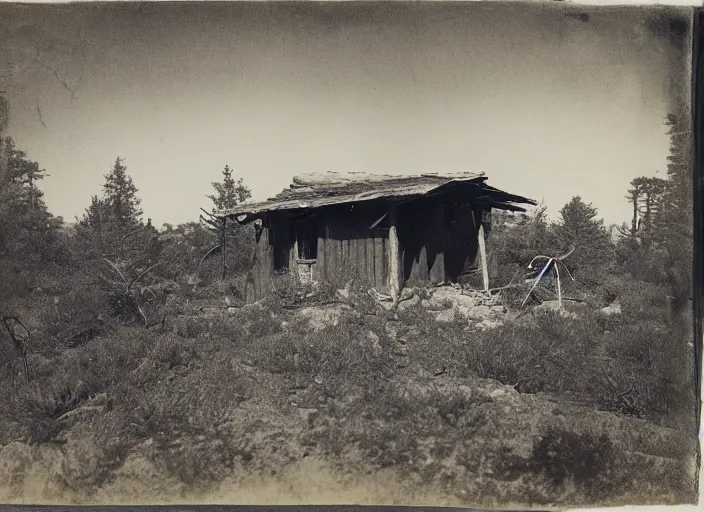 Image similar to Photograph of a miner's wooden shack among dry bushes and boulders in a pine forest, albumen silver print, Smithsonian American Art Museum