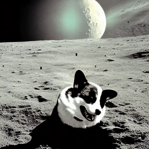 Prompt: corgi moon landing, vintage photograph by david lynch