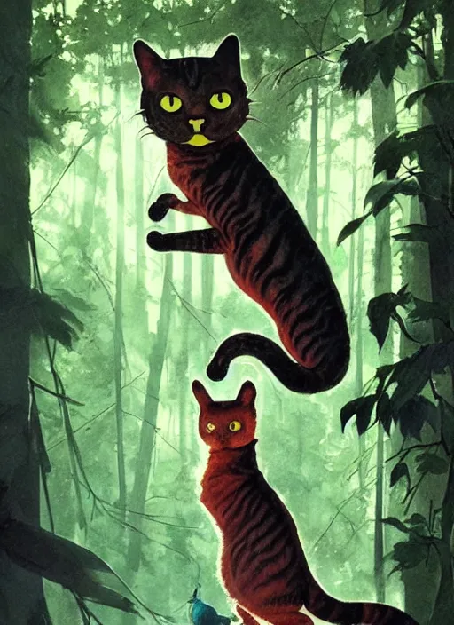 Image similar to a hyper realistic ink cat alien technology and sunbeams blue sky, lush forest foliage painting by chiara bautista and norman rockwell and greg rutkowski weta studio, and lucasfilm