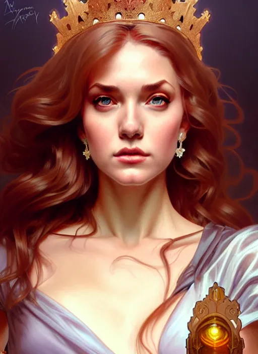 Prompt: rolyatistaylor!!! as queen, incredibly detailed face, pretty face, light dress, true anatomy, art by artgerm and greg rutkowski and alphonse mucha