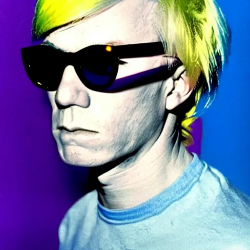 Prompt: colour portrait of absolutely angry andy warhol aged 20 looking sternly straight into the camera (and wearing designer sun glasses), in the style of andy warhol