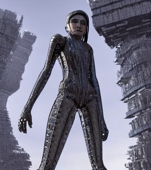 Image similar to tarkovsky greatest scene, the ancient destroyed majestic tower of babylon, woman in futuristic cyber clothing, transparent puffer jacket, hyper realistic, blockchain, cyber world, ambient lighting, concept art, intricate, hyper detailed, smooth, dynamic volumetric lighting, octane, ray trace, cinematic, high quality, high resolution, 4 k, cgsociety