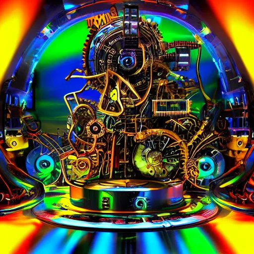 Image similar to album art for a trance dj, the album is called tripmachine, a huge steampunk mechanic machine with many gears and tubes and wires,, 8 k, fluorescent colors, halluzinogenic, multicolored, exaggerated detailed, front shot, 3 d render, octane