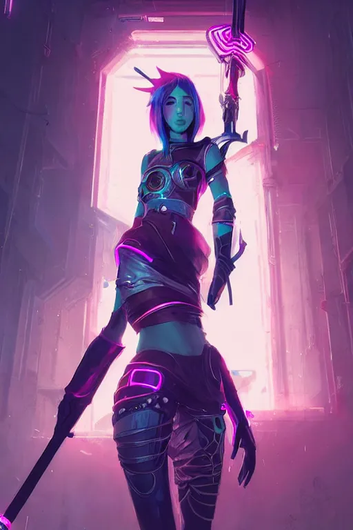 Image similar to fiora from league of legends, cyberpunk futuristic neon. fencing, long sword in her hand, decorated with traditional japanese ornaments by ismail inceoglu dragan bibin hans thoma greg rutkowski alexandros pyromallis nekro rene maritte illustrated, perfect face, fine details, realistic shaded, fine - face, pretty face, masterpiece