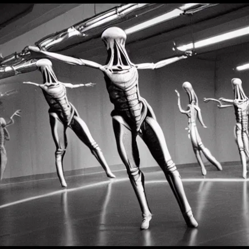 Image similar to xenomorph aliens ballet dancing elegantly in a dance studio. Giger. photo realistic 35mm 4k