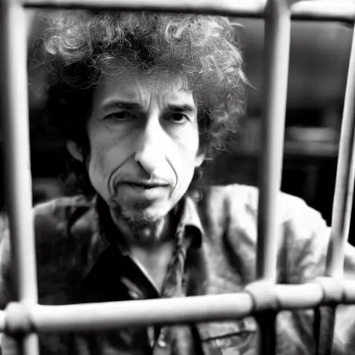 Image similar to bob dylan in a small cage at a pet store, his cage has a price tag