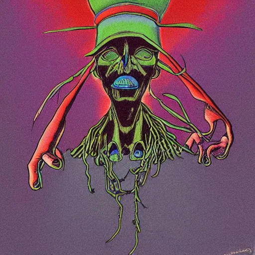 Image similar to voodoo hat, crossroad between life and death, drawing by moebius