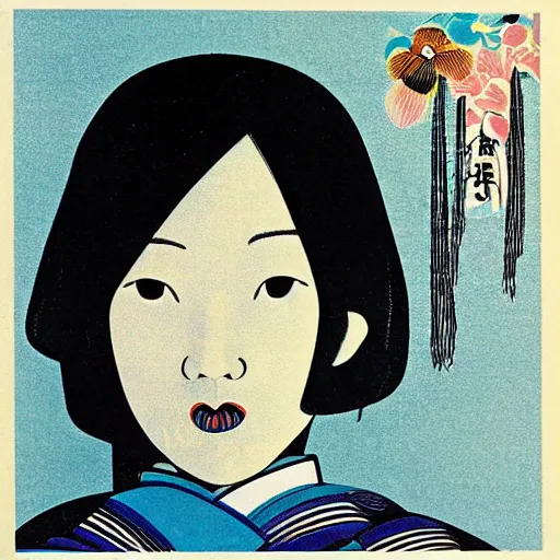 Image similar to an album cover for a female japanese folk artist, 1 9 7 6