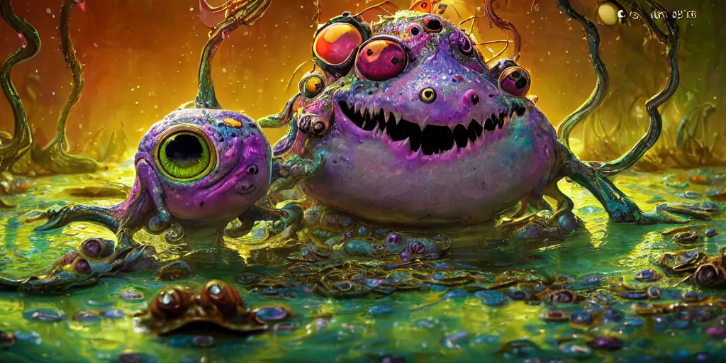 Prompt: of an intricate murky colorful swamp with strange cute friendly happy creatures with huge eyes, long tongue, round teeth and funny face appearing from the water, in the style of craola, macro lens, shallow depth of field, highly detailed, digital painting, trending artstation, concept art, illustration, cinematic lighting, vibrant colors, photorealism, epic, octane render