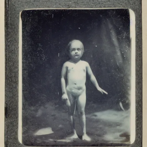 Image similar to tintype photo, swimming deep underwater, kid with huge alien