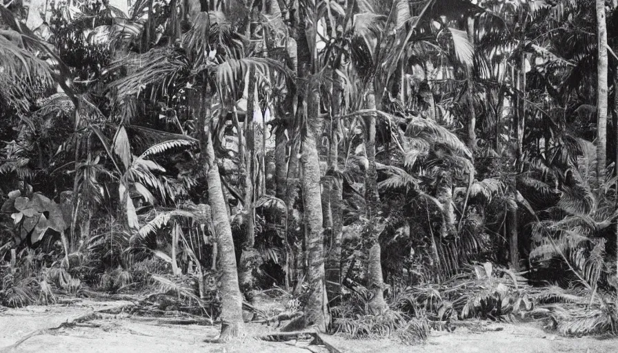 Image similar to lost film footage of a sacred ready - made object in the middle of the ( ( ( ( ( ( ( ( ( tropical jungle ) ) ) ) ) ) ) ) ) / film still / cinematic / enhanced / 1 9 0 0 s / black and white / grain